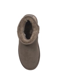 Stivale alla caviglia in suede marrone con una morbida fodera pelosa e dettagli cuciti lungo la suola. Punta arrotondata e design semplice per essere indossato facilmente.