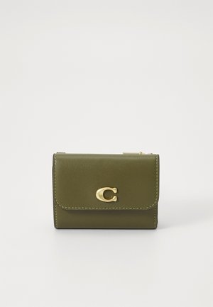 Olive green leather wallet with a gold-tone clasp and yellow stitching, featuring a rectangular shape and smooth texture.