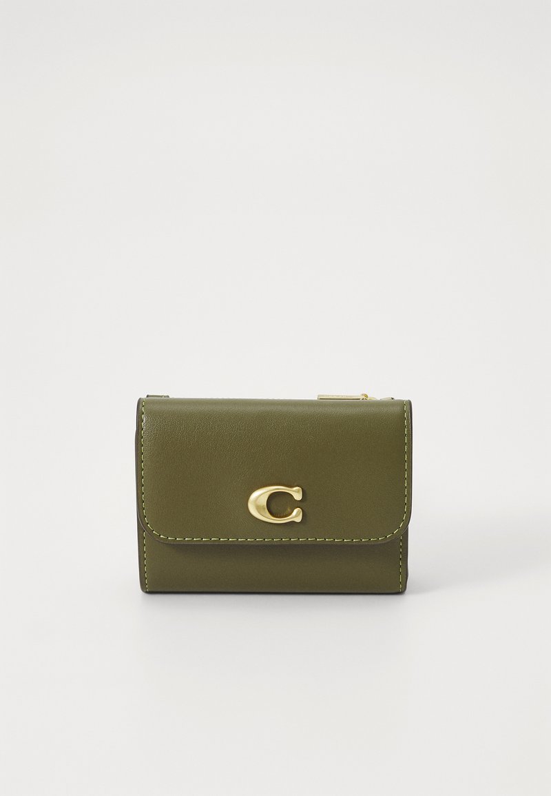 Olive green leather wallet with a gold-tone clasp and yellow stitching, featuring a rectangular shape and smooth texture.