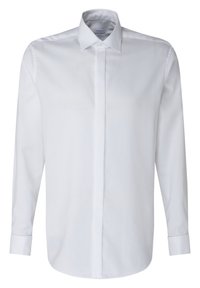 Camicia bianca a maniche lunghe con colletto classico, pattina frontale singola e polsini con bottone. Realizzata in tessuto di cotone liscio e leggero.
