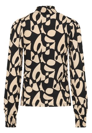 Blouse à manches longues noire et beige avec un motif abstrait, col montant à volants et poignets froncés.