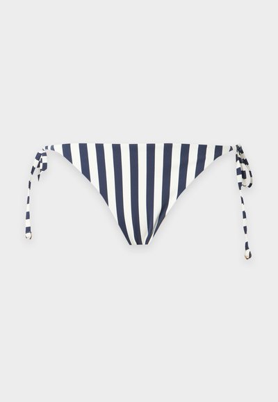 Bas de bikini à rayures verticales bleu marine et blanc avec liens ajustables sur les côtés, présenté sur un fond gris clair uni.