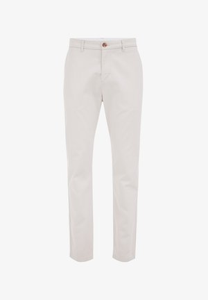 Lys beige skræddersyede bukser lavet af en blanding af bomuldsstof. Har forlommer, beltesløjfer i taljen og en enkelt knaplukning.