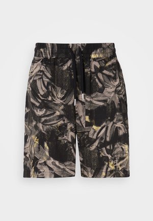 Black shorts with a bold, abstract leafy pattern in gray and yellow tones. Features an elastic waistband and drawstring for adjustable fit.