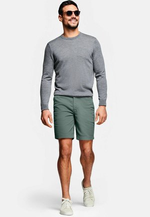 Grauer Rundhalsausschnitt-Pullover, grüne Shorts und helle Sneakers. Das Modell trägt dunkle Sonnenbrillen und steht aufrecht, lächelnd. Einfaches Design, lässige Passform.