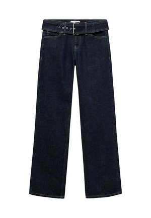 Mørkeblå denim bred-benede bukser med bælte i taljen og metalknapper, der har forlommer og en lige kant.