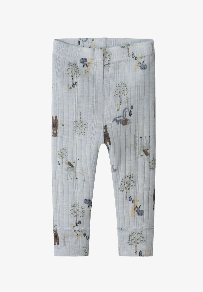 Leggings bébé côtelés gris clair avec imprimés d'animaux et d'arbres de la forêt dans des tons marron, gris et vert atténués.