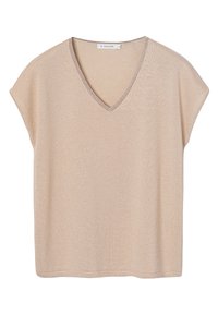 Beige V-kaula-aukko, jossa on lyhyet hihat, teksturoitu kangas ja hienovarainen metallinhohtoinen reunus kaula-aukon ympärillä. Yksinkertainen, suoraviivainen leikkaus.