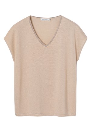 Beež V-kaelusega ülaosa lühikeste varrukatega, tekstuurse kangaga ja kaeluse ääres diskreetse metallikääriga. Lihtne, sirge lõikega disain.