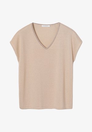 Beige V-neck top with short sleeves, textured fabric, and a subtle metallic trim along the neckline. Simple, straight cut design.