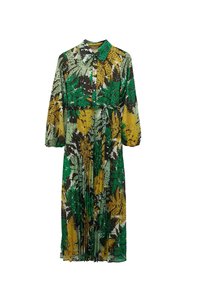 Vestido de manga larga con cuello, con un estampado de hojas en tonos verde, amarillo y marrón. Botones en la parte delantera y cinturilla ajustable con lazo, confeccionado en tela ligera.
