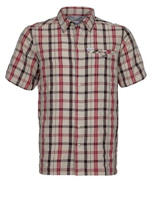 Chemise beige à manches courtes avec un motif à carreaux rouge, noir et blanc, et une petite poche poitrine sur le côté gauche.
