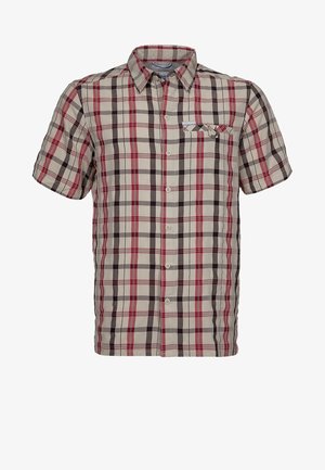 Beiges kurzärmliges Hemd mit roten, schwarzen und weißen Karomuster und einer kleinen Brusttasche auf der linken Seite.