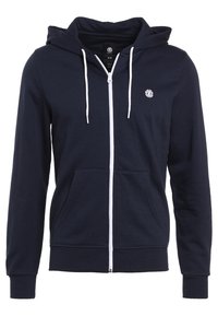 Felpa con cappuccio e zip in cotone blu navy, dotata di lacci bianchi, tasche frontali e un logo sul lato sinistro del petto.