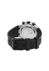 Schwarze Gummiband-Uhr mit Edelstahlgehäuse, runder Form, mehreren Tasten und graviertem Logo am Band.