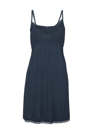 Nightgown in dark blue fabric with lace trim, adjustable straps, soft texture, and a loose fit that flares at the hem.