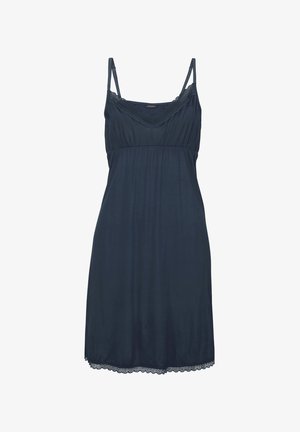 Nightgown in dark blue fabric with lace trim, adjustable straps, soft texture, and a loose fit that flares at the hem.