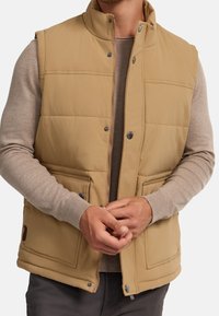 Beige geïsoleerde vest met hoge kraag, rits en drukknoopsluiting. Heeft twee voorzakken en een gladde, gewatteerde textuur.