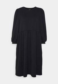 Black dress made of soft fabric, featuring a rounded neckline, long puff sleeves, and a gathered waist for a loose fit.