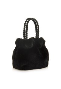 Borsa a mano in ecopelliccia nera con parte superiore arricciata, manici intrecciati e texture morbida. Forma arrotondata con un aspetto morbido e peloso.