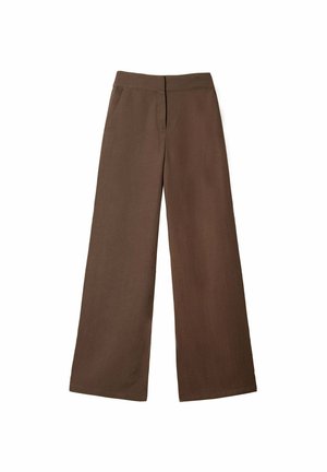 Pantalones de pierna ancha marrones, con cintura alta y bolsillos laterales, que presentan un cierre con cremallera.