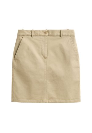 Beige knielange rok met riemlussen, steekzakken aan de zijkant, sluiting met knopen aan de voorkant en een gladde, egale stoftextuur.