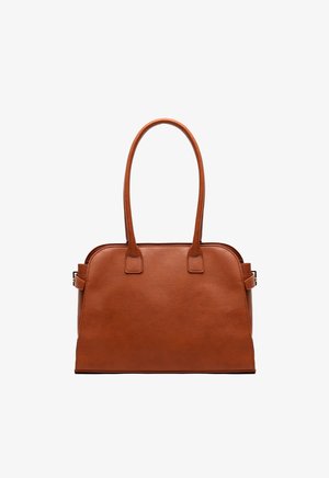 Borsa a mano in pelle marrone con forma strutturata, due manici lunghi e design minimalista. Presenta una superficie liscia e dettagli di cucitura sottili.