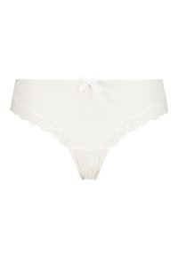 White striped thong with lace trim, featuring a small bow at the front. Material is smooth with a soft texture, designed for comfort.