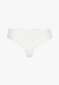 Tanga blanco a rayas con encaje en los bordes, que presenta un pequeño lazo en la parte frontal. El material es suave al tacto y está diseñado para la comodidad.