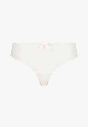 Weiß gestreifter Tanga mit Spitzenbesatz, versehen mit einer kleinen Schleife vorne. Das Material ist glatt mit einer weichen Textur und sorgt für Komfort.