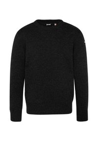 Dunkelgrauer Wollpullover mit Rundhalsausschnitt, gerippten Bündchen und Saum. Verfügt über ein kleines Logo am linken Ärmel. Glatte Textur.