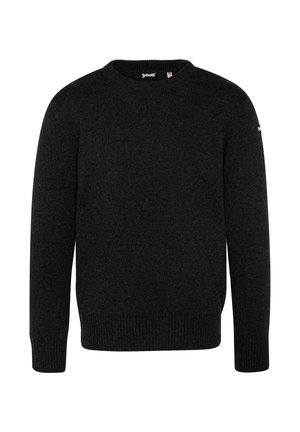 Dunkelgrauer Wollpullover mit Rundhalsausschnitt, gerippten Bündchen und Saum. Verfügt über ein kleines Logo am linken Ärmel. Glatte Textur.