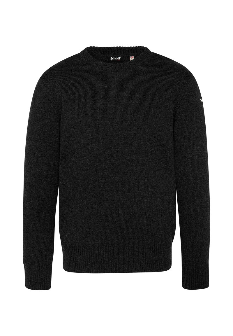 Dunkelgrauer Wollpullover mit Rundhalsausschnitt, gerippten Bündchen und Saum. Verfügt über ein kleines Logo am linken Ärmel. Glatte Textur.