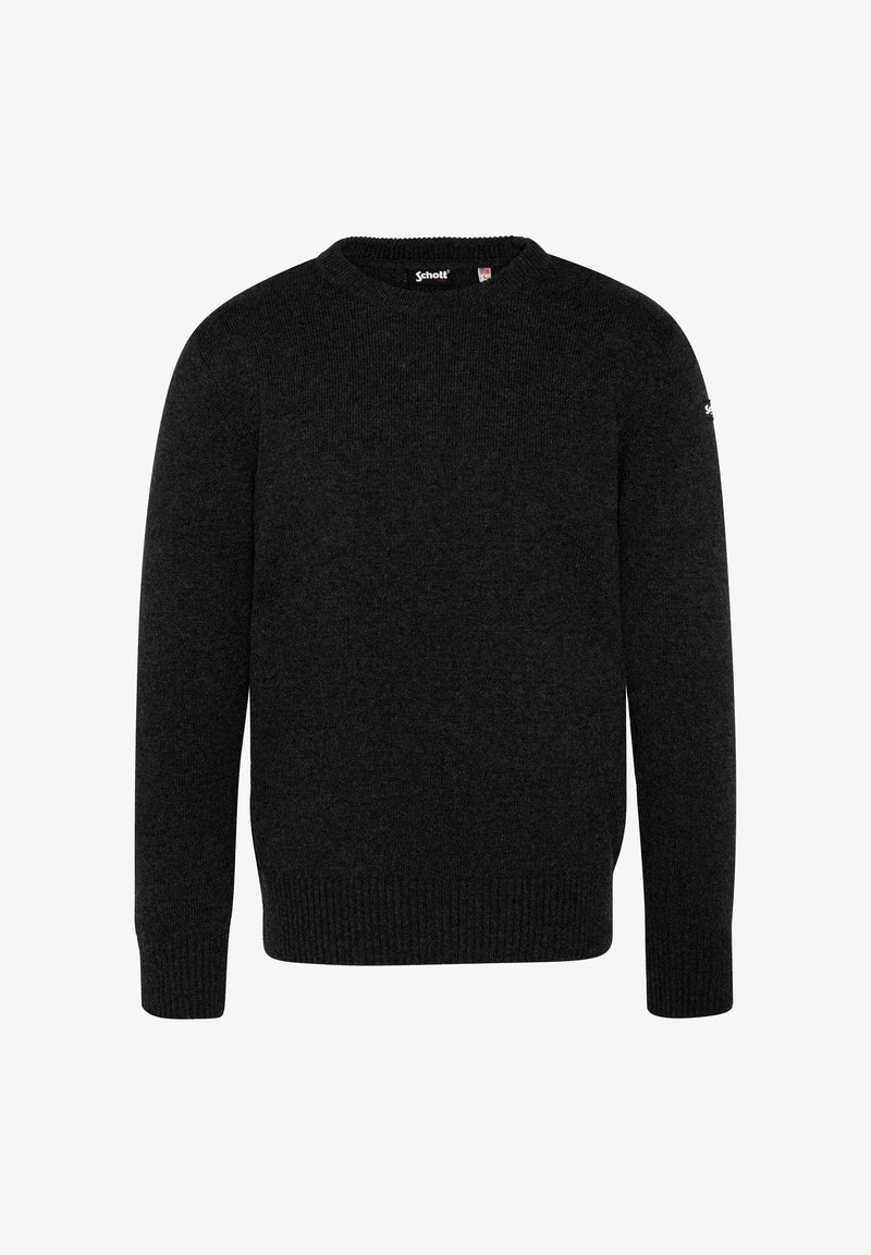 Dunkelgrauer Wollpullover mit Rundhalsausschnitt, gerippten Bündchen und Saum. Verfügt über ein kleines Logo am linken Ärmel. Glatte Textur.