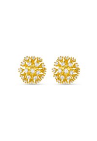 Ohrringe in Goldfarbe mit floralen Designs, die erhabene, petalartige Akzente und zentrale Strasssteine aufweisen. Runde Form, strukturierte Oberfläche.