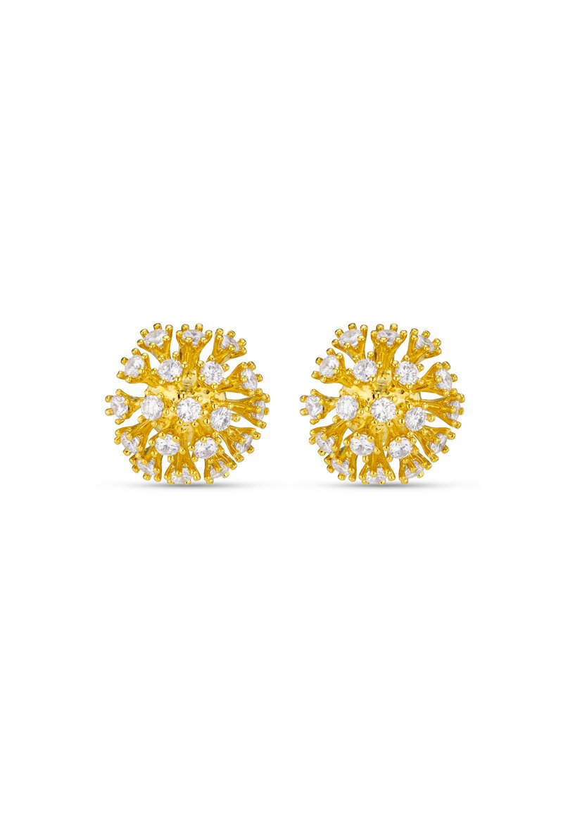 Ohrringe in Goldfarbe mit floralen Designs, die erhabene, petalartige Akzente und zentrale Strasssteine aufweisen. Runde Form, strukturierte Oberfläche.