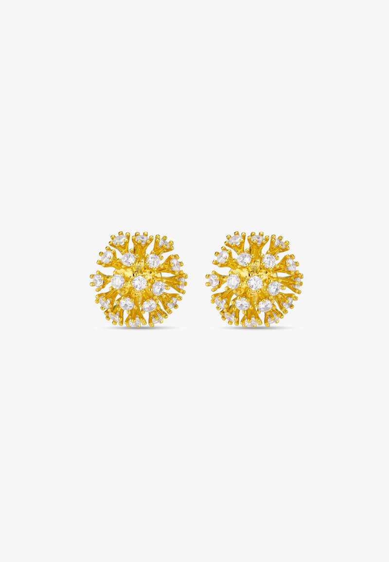 Brincos em tom dourado com um design floral que apresenta detalhes em relevo semelhantes a pétalas e strass centrados. Forma redonda, acabamento texturizado.