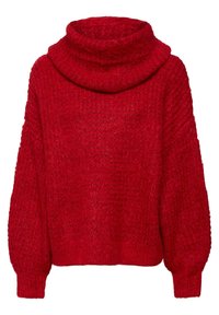 Roter Strickpullover mit großem Kragen, langen Ärmeln und strukturiertem Finish. Das Design ist weit geschnitten und cropped auf Taillenhöhe.