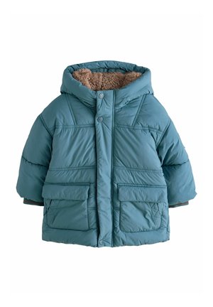 Veste matelassée teal avec capuche, dotée d'une douce doublure en polaire beige, de boutons-pression à l'avant et de deux grandes poches à rabat. Tissu texturé.
