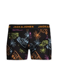 Boxer-briefs noirs avec des motifs graphiques colorés de crânes et de palmiers. Ceinture élastique avec la marque « JACK & JONES » en orange.