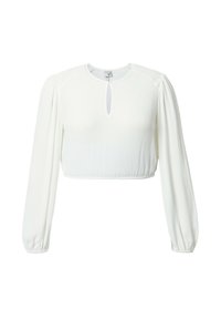 Weißes Cropped-Top mit langen, gepufften Ärmeln, das an der Halslinie über ein Schlüsselverschluss-Detail verfügt und aus einem strukturierten Stoff mit subtilen Rippungen gefertigt ist.