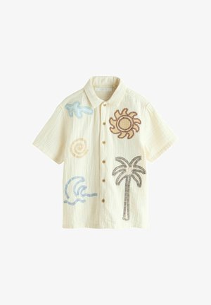 Cremefarbenes Kurzarmhemd zum Knöpfen mit bestickter Sonne, Palme, Welle, Spirale und abstrakten Formen in Braun, Blau und Beige.