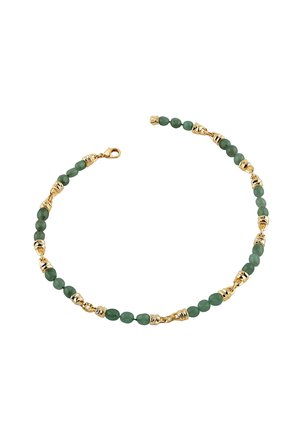 Armband met gouden gesp, afwisselend met kleine groene ronde kralen en gestructureerde gouden tussenstukjes, gerangschikt in een delicate ketting.