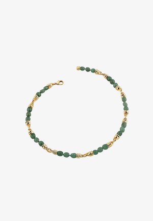 Brățară cu închizătoare aurie, cu mărgele mici rotunde verzi alternative și distanțiere aurii texturate, aranjate într-un lanț delicat.