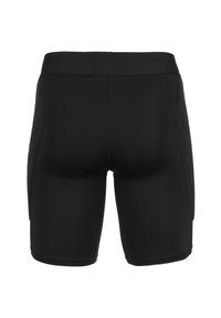 Schwarze sportliche Shorts mit glatter Textur, enganliegendem Design und kontrastierenden Nähten. Sie verfügen über einen breiten elastischen Bund und Seitenteile.