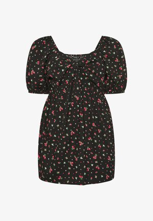Czarna krótka sukienka z bufiastymi rękawami, kwadratowym dekoltem, marszczonym biustem oraz małym czerwono-białym kwiatowym wzorem.