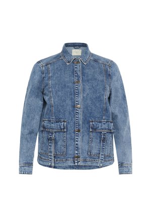 Light blue denim jacket with a collared neck, front button closure, and two large patch pockets. Features contrasting stitching and a relaxed fit.