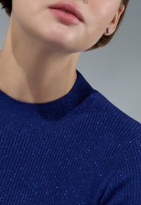Blauer gerippten Strickpullover mit hohem Kragen, der ein dezentes Schimmern aufweist. Nahaufnahme, die den Fokus auf die Textur und die Stoffdetails legt.