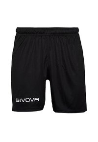 Črne športne kratke hlače z elastičnim pasom, izdelane iz lahkega materiala, z logotipom "GIVOVA" v beli niti na levi strani.