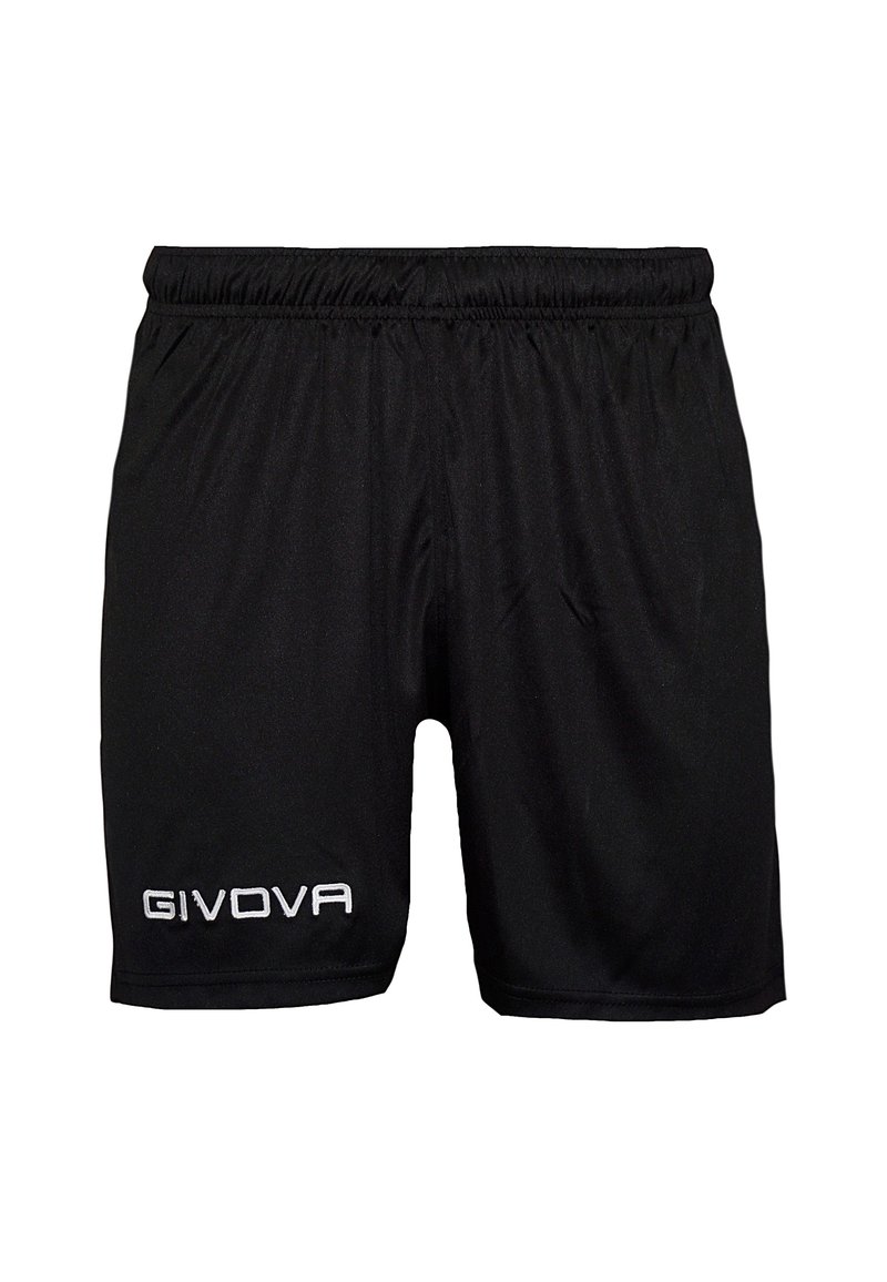 Črne športne kratke hlače z elastičnim pasom, izdelane iz lahkega materiala, z logotipom "GIVOVA" v beli niti na levi strani.